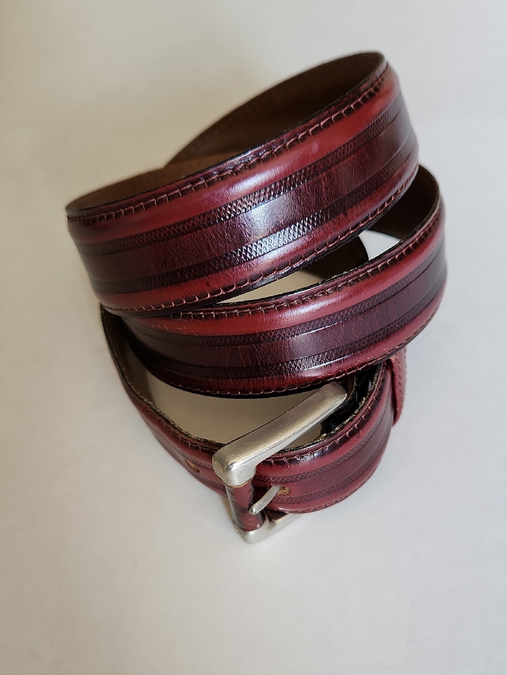 Genuine Leather Belt - Burgundy Striped